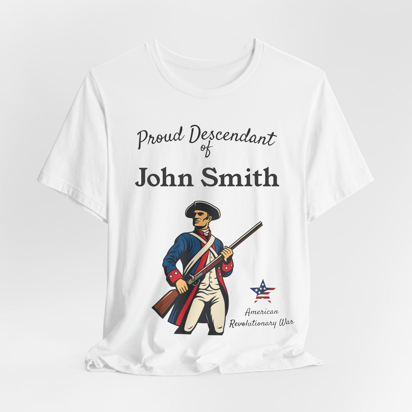 White t-shirt with a graphic of a Revolutionary War soldier and text 'Proud Descendant of Patriot' on a white background.