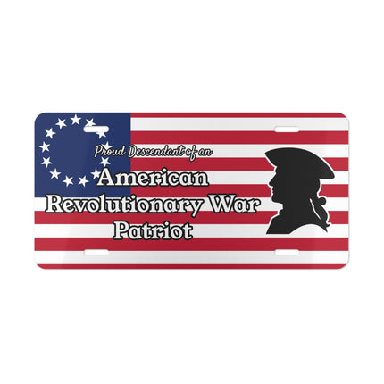 Proud Descendant of American Revolutionary War Patriot Vanity License Plate Genealogy Gift- Flag Silhouette