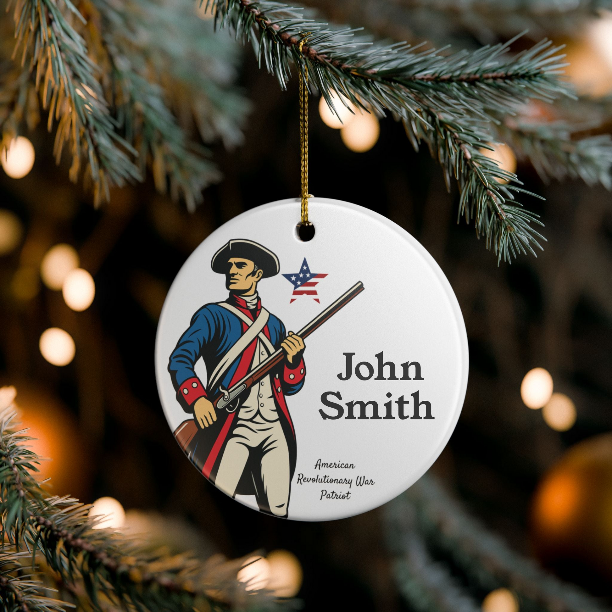 Ornament with a Revolutionary War patriot design hanging on a Christmas tree. Family Tree Genealogy Heritage gift