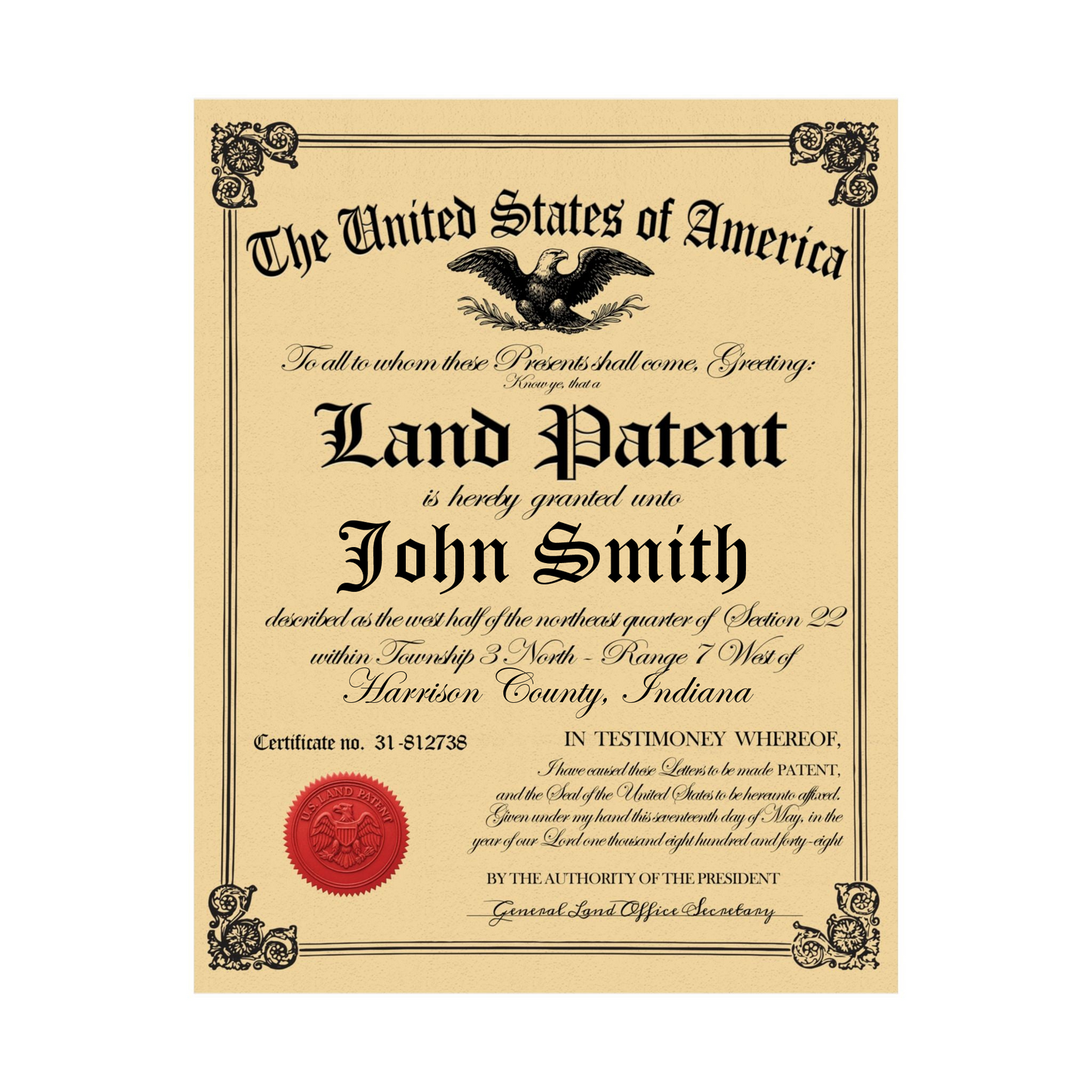 Fictional land patent certificate with decorative elements on a beige background