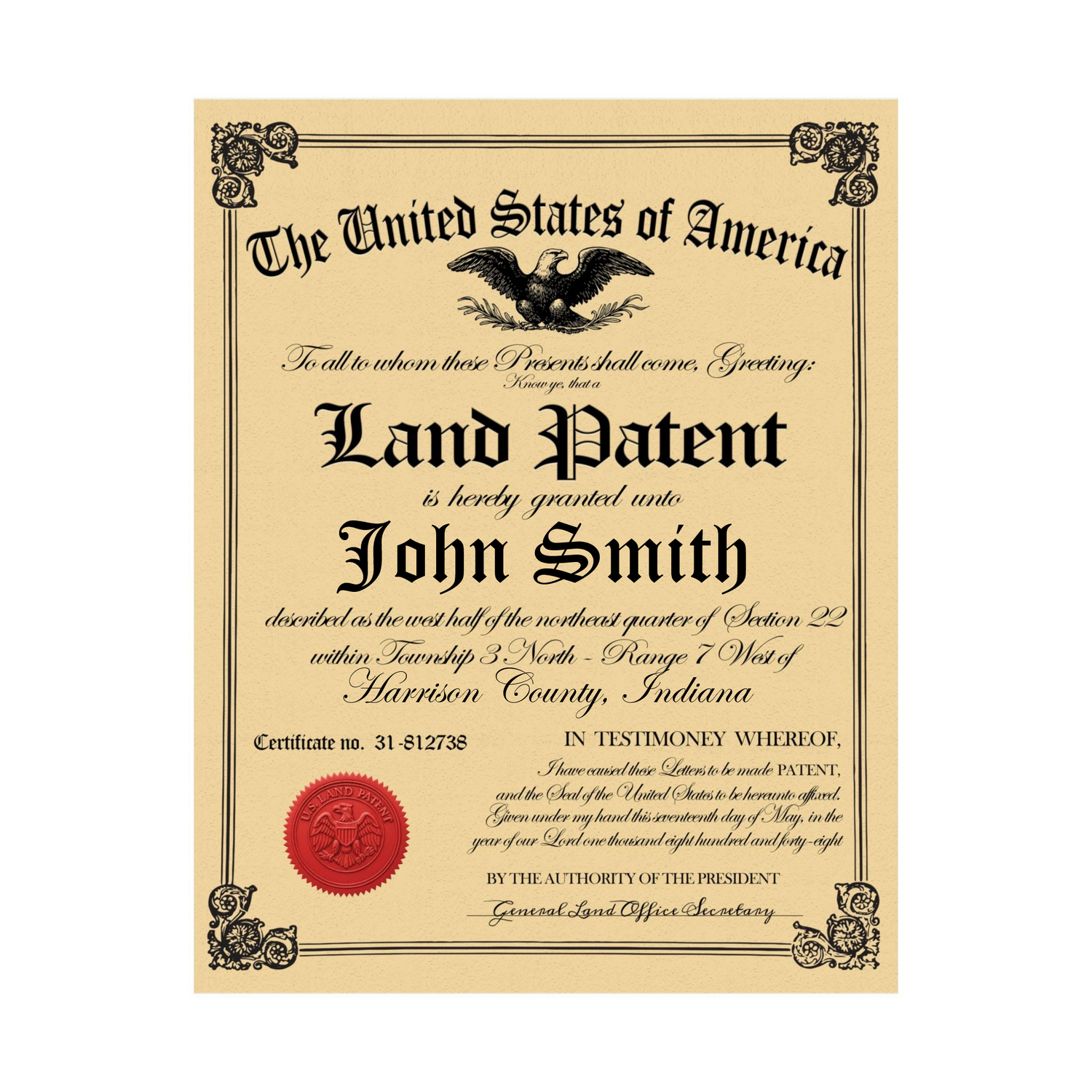 Fictional land patent certificate with decorative elements on a beige background