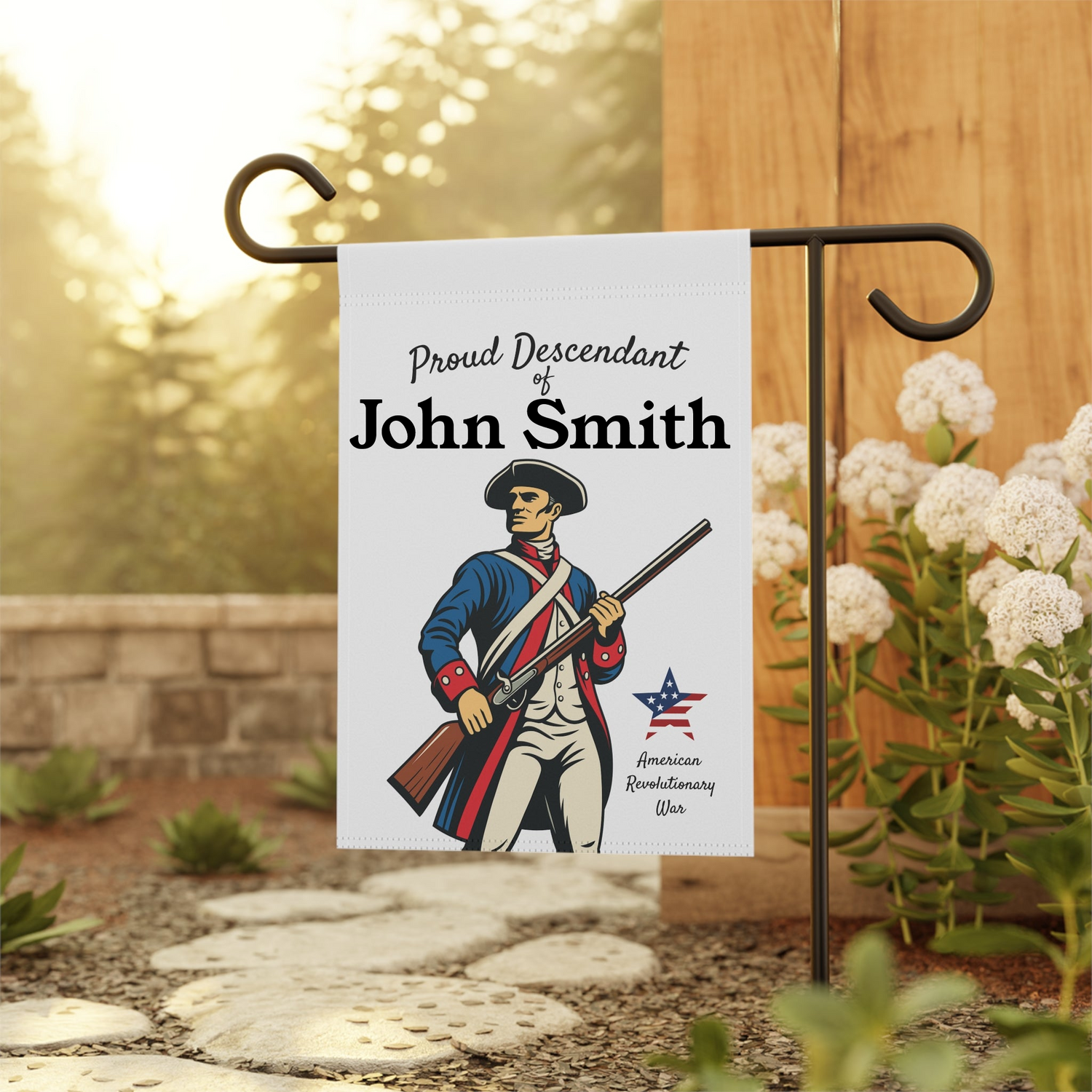 Garden flag with a Revolutionary War soldier design on a stand outdoors.
