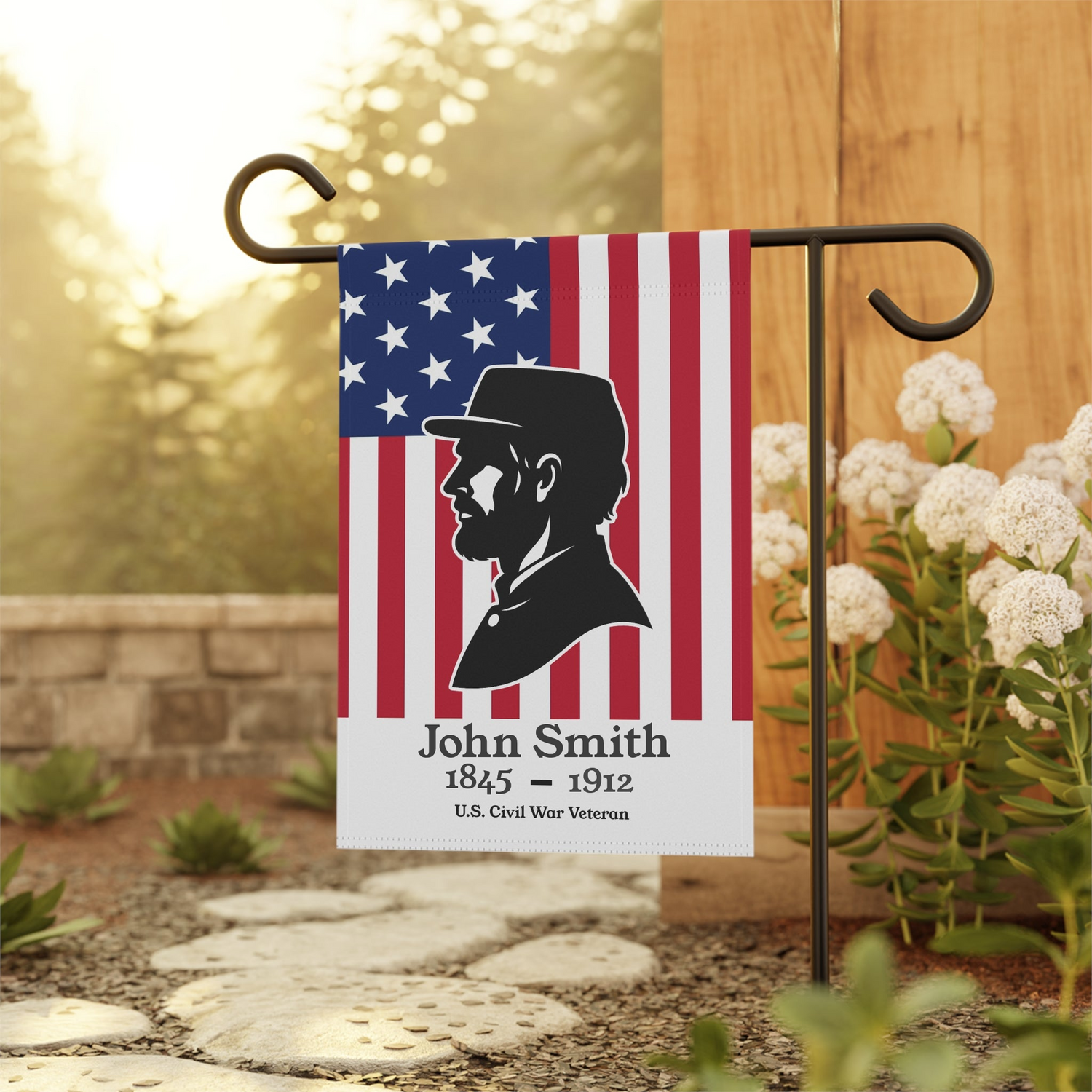 Garden flag with American flag design and silhouette of a U.S. Civil War veteran, mounted on a stand outdoors. family tree genealogy heritage gift